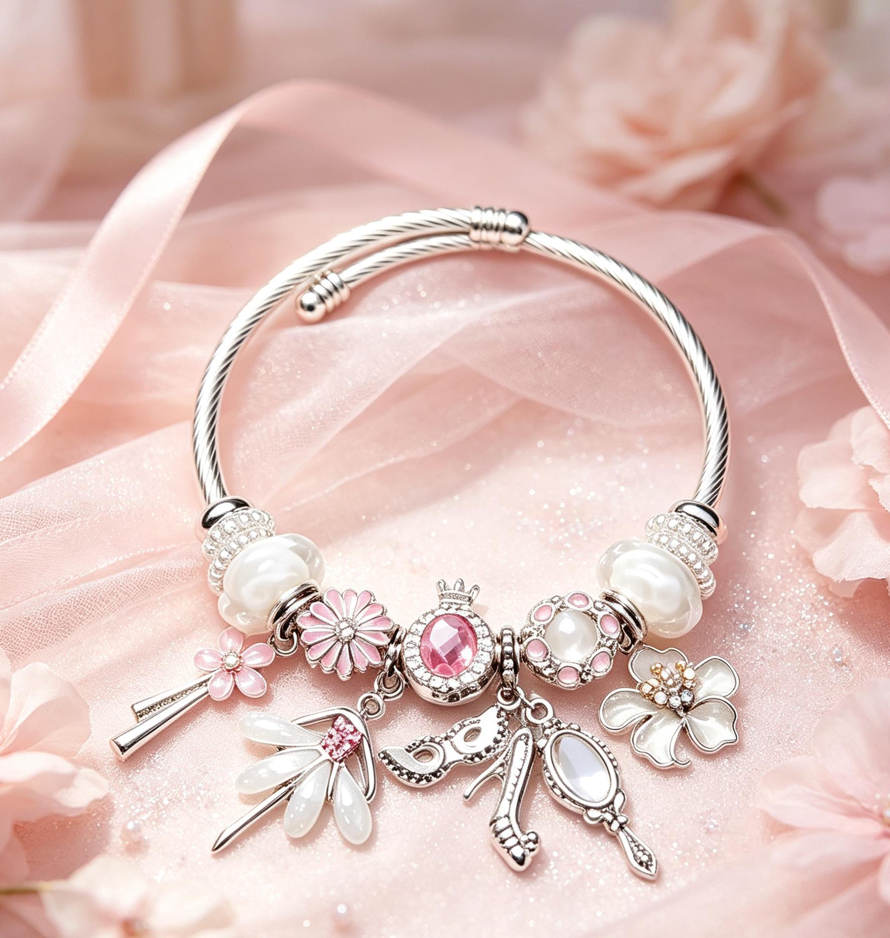 Silver Tone Ballet Charm Bracelet for Women, Pink Crystal Flower Bangle with Ballet Shoe Pendant, Elegant Fairycore Jewelry Gift for Her