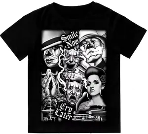 Smile Now Cry Later Chicano Art Men & Women T-Shirt Streetwear Outdoors Short Sleeve Tee Mexico Graphic Cotton Tee for Daily Life Work Shopping