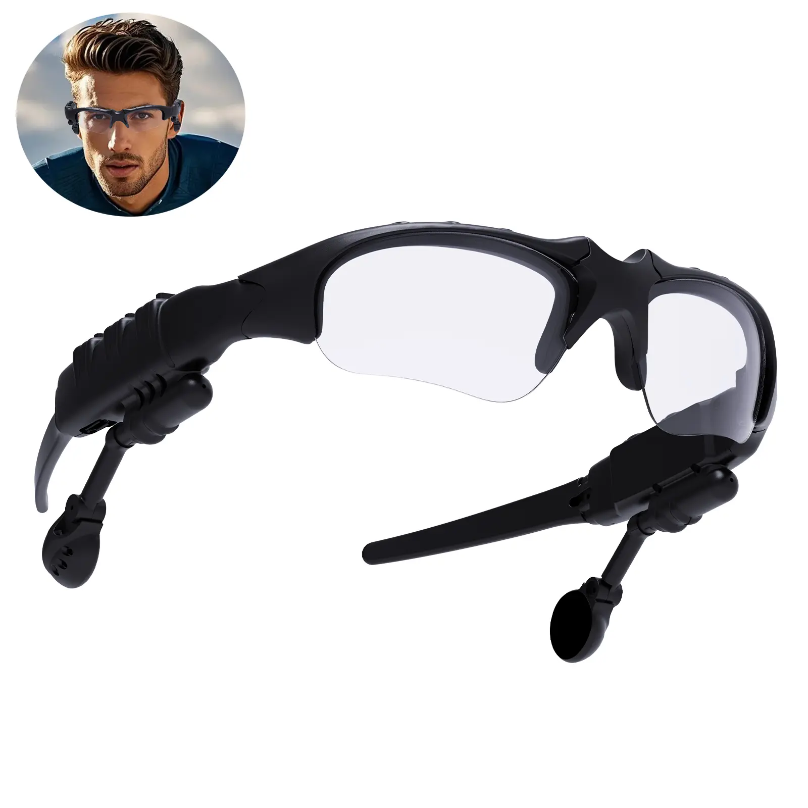 TEMPOMIND Black-Framed Transparent Wearable Smart Glasses Headphones - Wireless Audio, Smart Wireless Sports, Phone Call Function, English Audio, Phone Compatible, DEHP-Free, Non-Water-Resistant (Ideal for Hiking, Camping), S