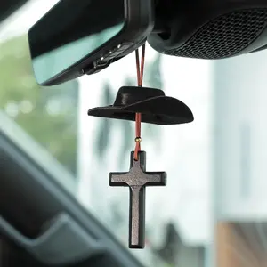 Joytutus Denim-Style Cowboy Hat & Cross Car Rearview Mirror Hanging Ornament, Faith-Themed Car Interior Accessory, God Bless Gift for God's Child
