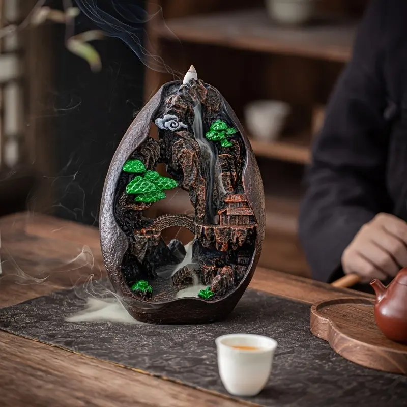 Landscape Waterfall Design Incense Burner, 1 Count Creative Resin Backflow Incense Burner Ornament, Home Decor Censer, Tea Pet without Incense, Incense Holder