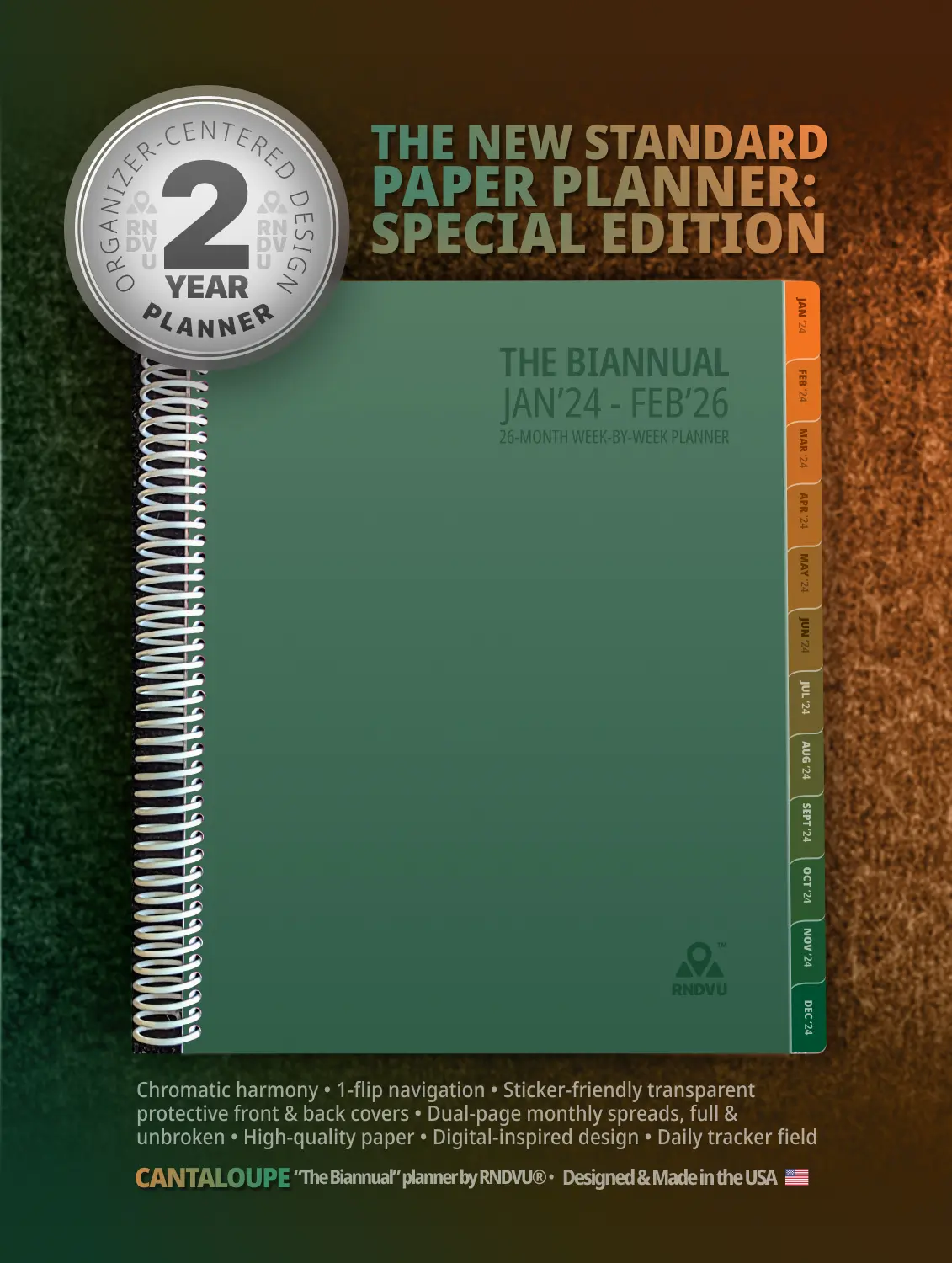 RNDVU 2 Year Daily Planner and Organizer - Cantaloupe, Bi-Annual January 2024 through February 2026, 25-Month Weekly Planner