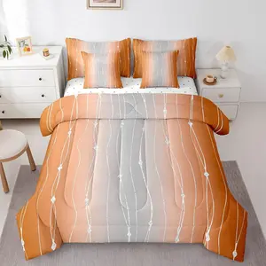 Grey and Orange Watercolor Bedding Comforter Set,7Pcs Wave Stripe and Dots Bed in a Bag Geometric Aesthetic Bedding Set,Ombre Gradient Comforter Set,Modern Abstract Line Bedding Sets