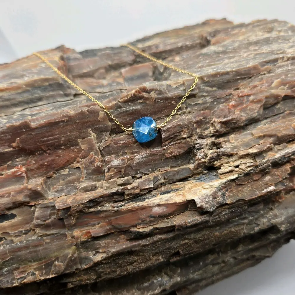 Blue Apatite Faceted Necklace on Gold Plated Stainless Steel Chain