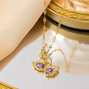 LisiZen Gold Plated Purple Swan Necklace, Chic Zircon Micro-Pave Pendant, Luxury Elegant Statement Jewelry for Women DZXL3554