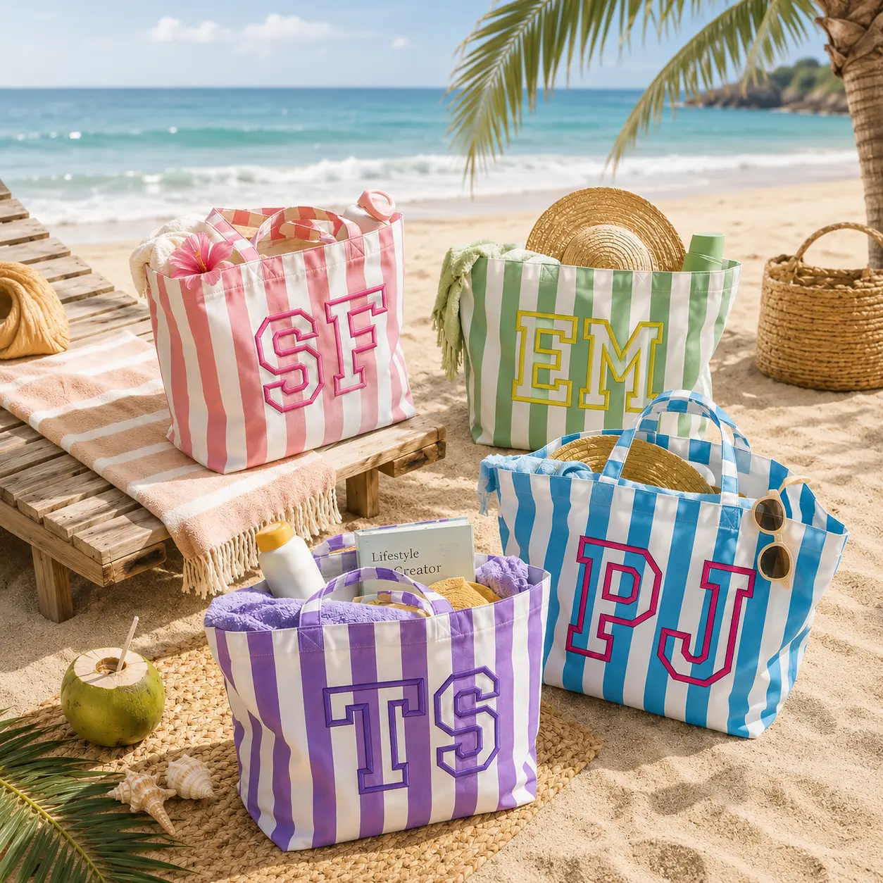 Embroidered Cabana Tote Bag, Personalized Beach Tote Bag, Monogram Striped Shopper, Summer Vacation Tote, Bridal Party Gift, Pool Bag
