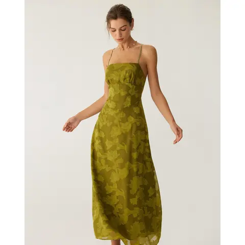 Rihoas Women's Textured Green Semi Formal Long Maxi Dress - Polyester, Flower-Themed, Spaghetti-Strap, Shirred Waisted, Adjustable, Backless, Stain-Resistant, Tie-Up Detail for Party & Casual Wear, Semi Formal Dresses, Long Dresses