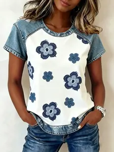 A women's fashionable and gentle casual denim patchwork contrasting short sleeved shirt with loose and slimming design, suitable for summer, home, indoor, and outdoor wear