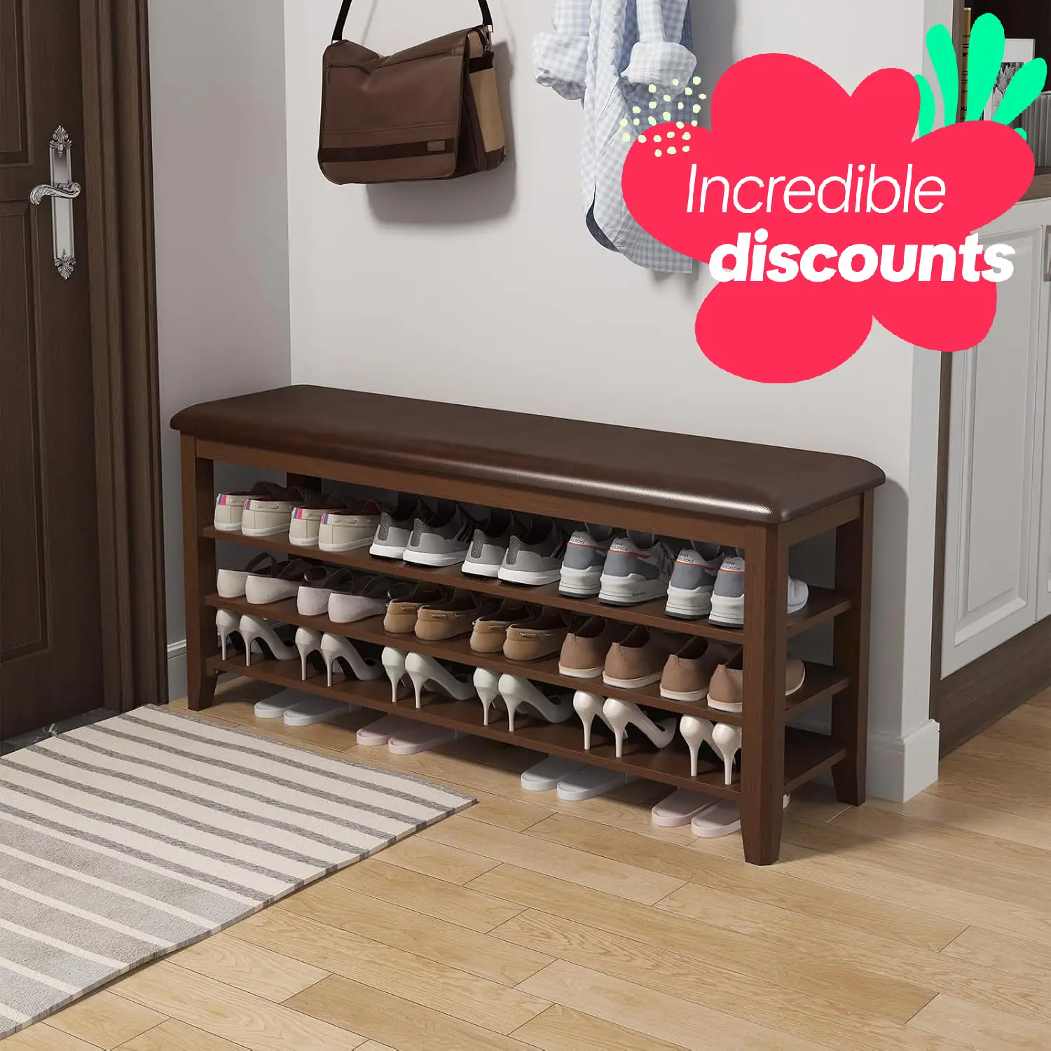 【Summer】Shoe Bench with Leather Cushion, 3 Tiers Shoe Storage Bench Height Adjustable, Walnut Wood Entryway Bench for Hallway, Mudroom