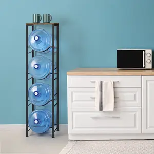 4-Tier Metal Kettle Rack with 5-Gallon Capacity Design, Wooden Top Shelf, Heavy Duty Load Bearing Construction, For Kitchen, Living Room, Office, Break Room, Rustic Brown, Shipments within 1-2 days