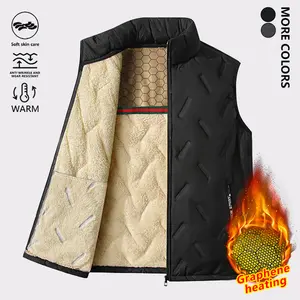 Men's Autumn Winter Graphene Warm Lining Vest, Stand Collar Fleece Sleeveless Jacket with Zipper Pockets, Regular Non Stretch Fabric, Suitable for Daily Casual and Outdoor Activities