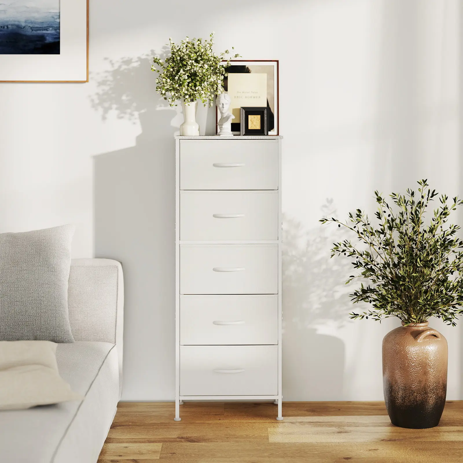 DUMOS Brown Modern 5-Drawer Fabric Dresser - Sturdy Steel Frame, Durable Artificial Wood Top, Space-Saving Vertical Design - Freestanding/Stackable Chest of Drawers for Bedroom, Closet Organization, Easy Assembly, Space Saving Furniture
