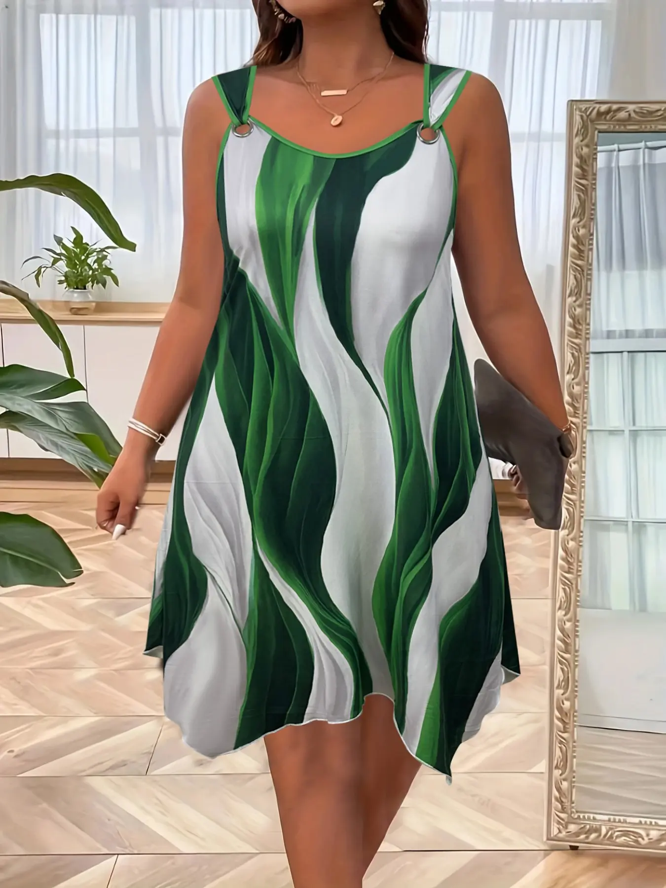Plus Size Women's Wave Print Halterless A-Line Dress, Casual Boho Elegant Summer Beach Vacation Dress, Bohemian Sundress, Womenswear, Bohemian Style Sundresses, Comfortable and Stylish