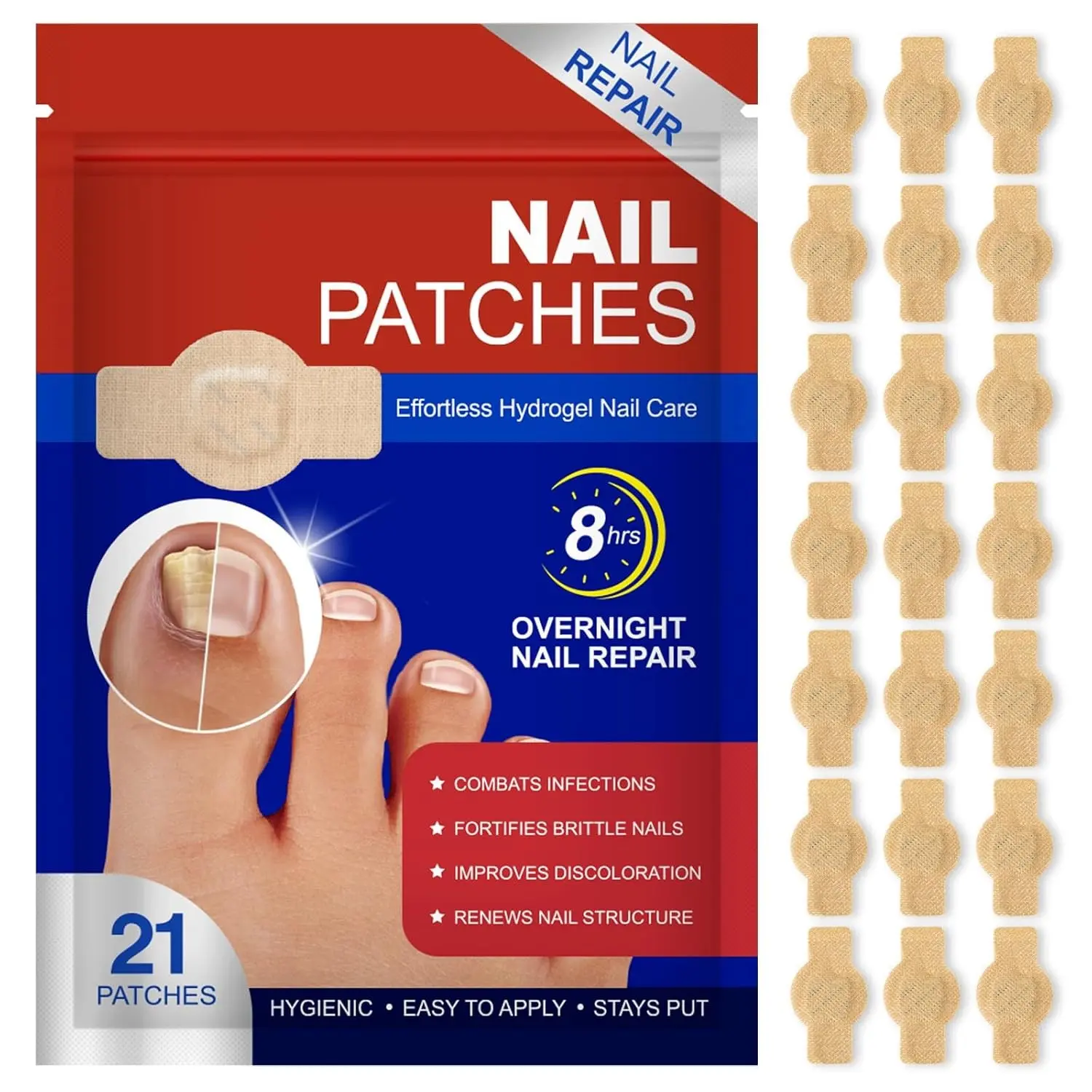 Nail Patches 21Pcs, Toenail & Fingernail Care Patches, 8-Hour Overnight Hydrogel Adhesive Wrap for Dry Brittle or Cracked Nails