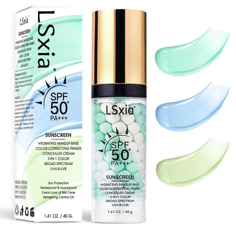 3-in-1 Color Correcting Facial Serum, Moisturizing Primer, , SPF 50 PA+++, Brightening Primer for Even Skin Tone, Oil Control & Refreshing, Purple, Pink & Green Tones