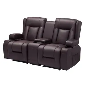 Manual Reclining Loveseat Sofa With Center Console, PU Faux Leather Finish, Built-In USB Ports, Cup Holders And Storage Bags, Dual Loveseat Chairs For Living Room Or RV Use, Brown With Durable Frame And Easy Assembly