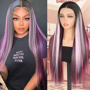 28Inch Ombre Pink Straight Lace Wig Pink Highlight Black Color Lace Front Wigs for Women Highlight Synthetic Lace Front Wig Heat Resistant Glueless Long Straight 13x4 Free Part Lace Front Wigs Party