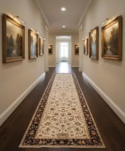 Hand-Knotted 12 ft ft Beige Black traditional Wool Runner Rug, Vintage Style Medallion Runner
