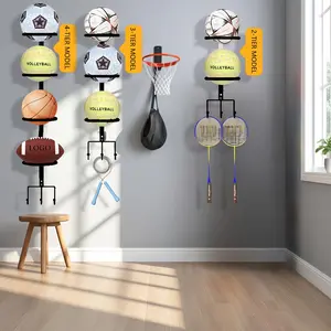 4/3/2-Tier Vertical Sports Ball Holder Rack, No-Drill Wall Mounted Ball Storage, Sturdy Wall-Mounted Ball Organizer