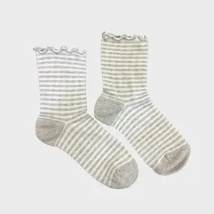 High Quality 100% Organic Cotton Striped Socks with Ruffles Adorable Breathable Cute Knitted Grey White Womens Crew Boot Socks Soft Comfy Dye-free Mid-calf Socks for Women