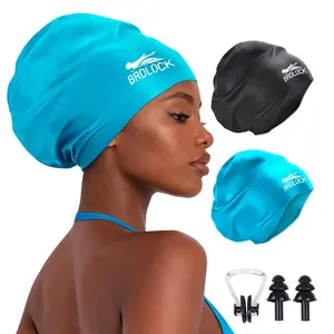 2 Packs Extra Large Swim Cap for Long Hair Braids Dreadlocs Waterproof Silicone Swimming Cap for Women (Black, Blue)