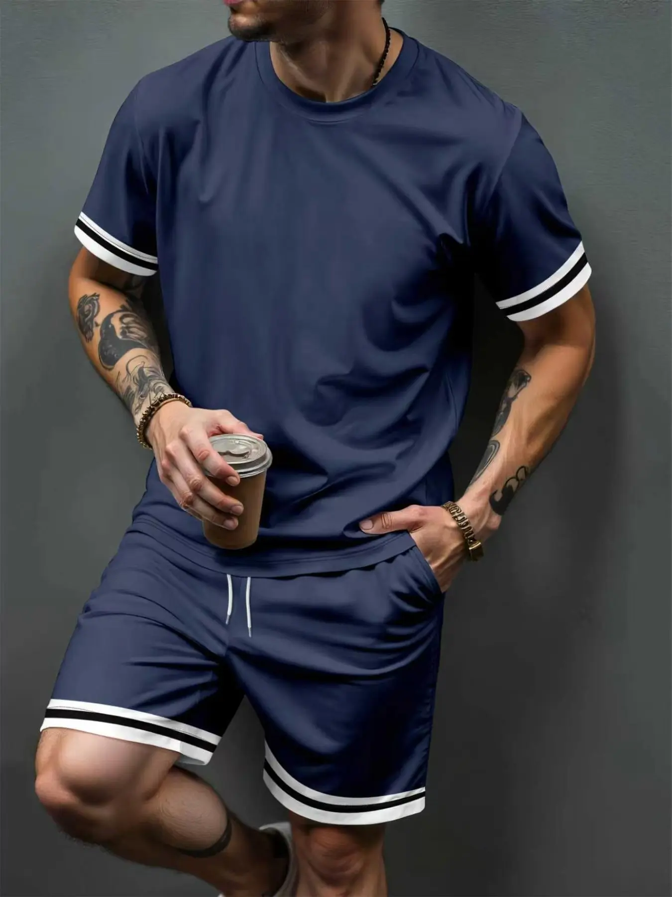 Men's Navy Striped Edge T-Shirt + Matching Shorts Set, Minimalist Business Style, Casual Loose-Fitting, All Seasons, Outfits