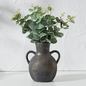 Rustic Ceramic Farmhouse Flower Vase: 7.3-Inch Terracotta Vase with 2 Handles, Perfect for Home Decor, Table Settings, Weddings, Living Rooms, and Shelf Display in Black Bronze.