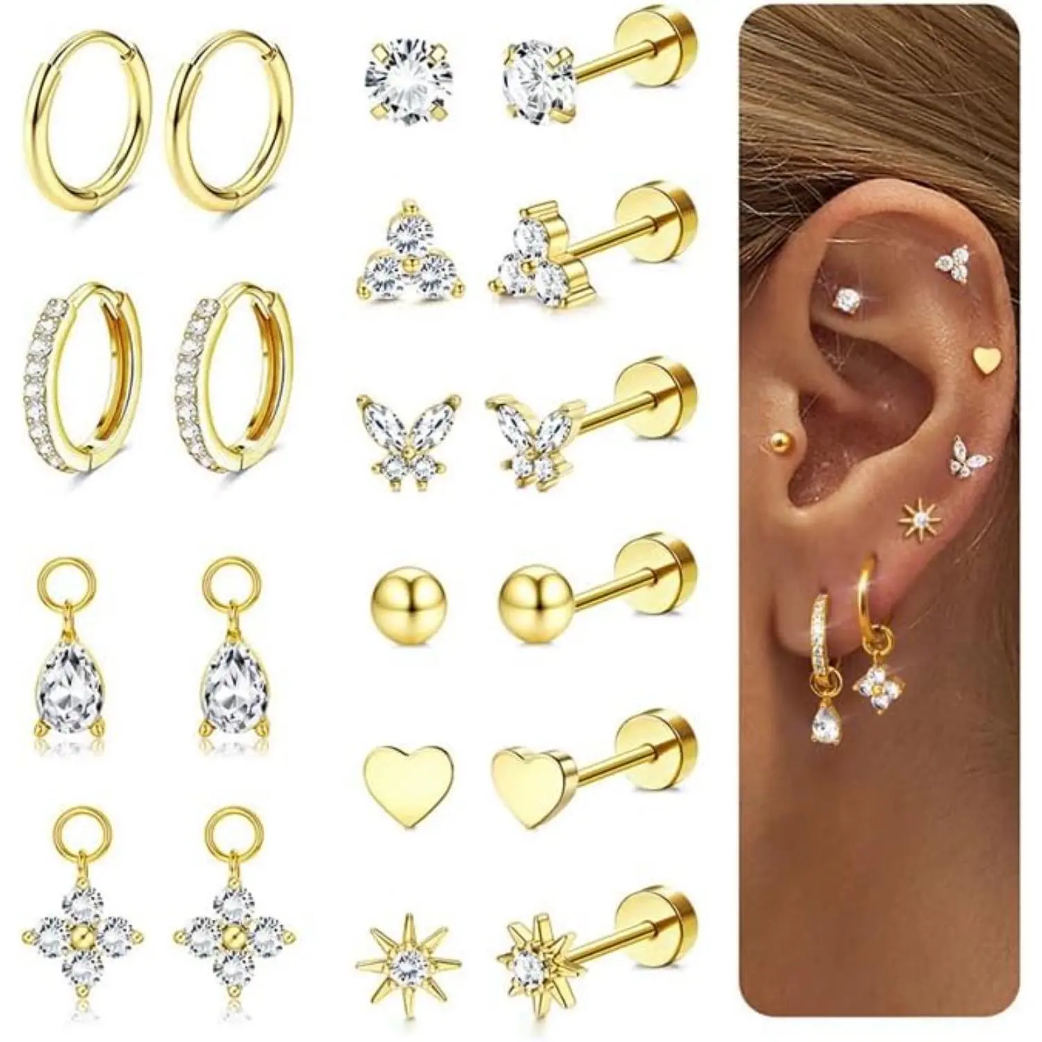 YADOCA Women's 10-Pair Earring Sets for Multiple Piercing - 14K Gold Plated Hoops, Hypoallergenic Surgical Steel Waterproof Flat Back Cartilage Jewelry with Charms for Sensitive Ears, Tarnish Free Daily Jewelry Stack for Ear Stacking