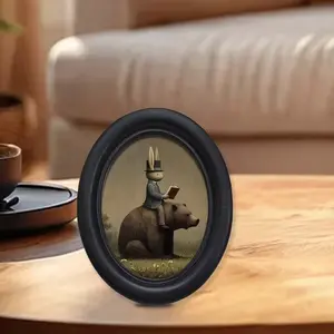 1 count Rabbit Riding Brown Bear 3D Vintage Photo Frame - Oval Wall-Mounted Picture Frame with , 6.8 * 8.7inch Retro Farmhouse Decor for, Living Room, Christmas & Thanksgiving Display - Artificial /Regenerated (with Photo), Christmas Decor
