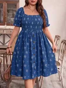 Plus Size Elegant Bubble Hem Short Sleeve Knee-Length Dress, Elastic Waist Square Neck Button Design, Perfect for Daily Wear, Garden Party, Summer Wedding, Graduation Season