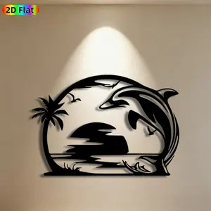 1pc Dolphin & Palm Tree Metal Wall Art,Dynamic Dolphin & Palm Tree Statue Mural, Ideal Gift for New Year, Easter, Coastal Decor Enthusiasts, Weather-Resistant Metal Wall Decor , Perfect for Patio Wall & Garden Fence, Beach House Decor Enthusiasts