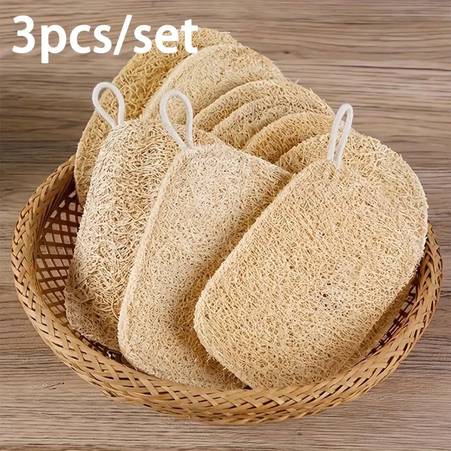 3pcs Double-Layer Natural Loofah Exfoliating Sponges, Gentle Body Skin Scrubber for Men and Women, Expandable Plant Fiber, Ideal for Bathroom Cleaning, Exfoliating Back Scrub