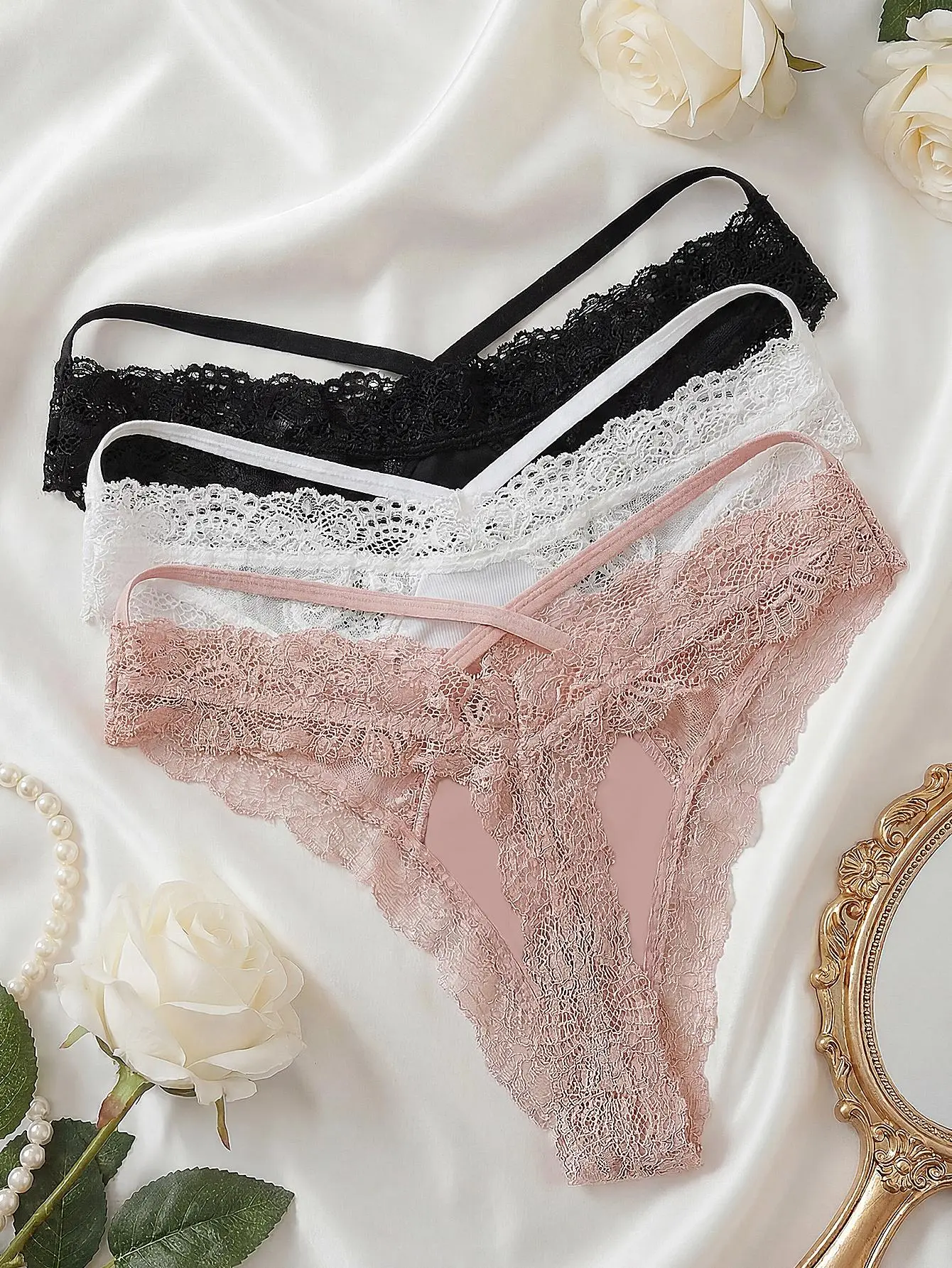Elegant Lace Thongs in Black, White, and Pink - Comfortable and Stylish Underwear for Women Everyday Lingerie
