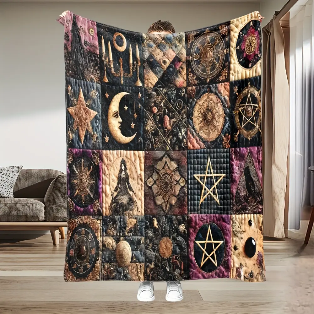 Witchy Blanket, Gothic Moon Phase Throw Blanket with Celestial Star and Mystic Patchwork Design, Dark Aesthetic Fleece Blanket for Couch Sofa Bed, Astrology Room Decor, Boho Spiritual Gift, Halloween Home Decoration