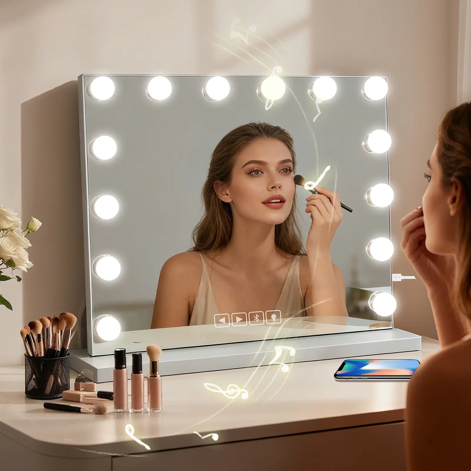Hollywood Vanity Mirror with Lights, Bluetooth Speaker, 15 LED Bulbs, 3 Color Lighting Modes, Large Makeup Mirror with Touch Control, USB Charging Port, 22.83×18.11 Inch (58×46cm), for Bedroom, Dressing Room & Bathroom