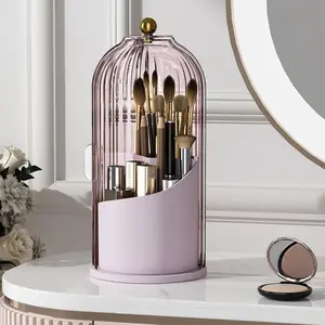 Makeup Brush Holder with Lid 360 Rotating Clear Dustproof Make Up Organizers for Vanity Bathroom Countertop, Pink