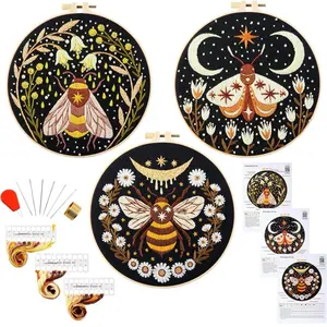Hand Embroidery Starter Kits for Beginners Adults, Counted Stamped Cross Stitch Kit for Beginners Adults, Embroidery Needlepoint Kit with Moth Flower Pattern, 3 Hoops (Attached Teaching Video QR Code)