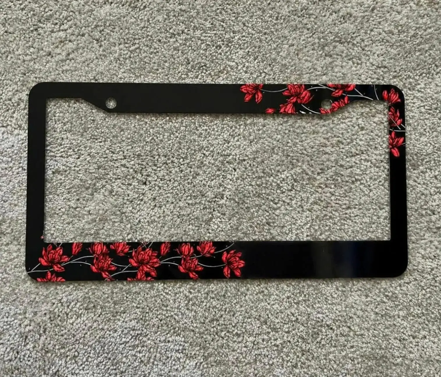 Japanese Red Chrysanthemum License Plate Frame, JDM Floral Car Tag Holder, Black Sakura Style Auto Accessories, Gothic Flower Car Decor