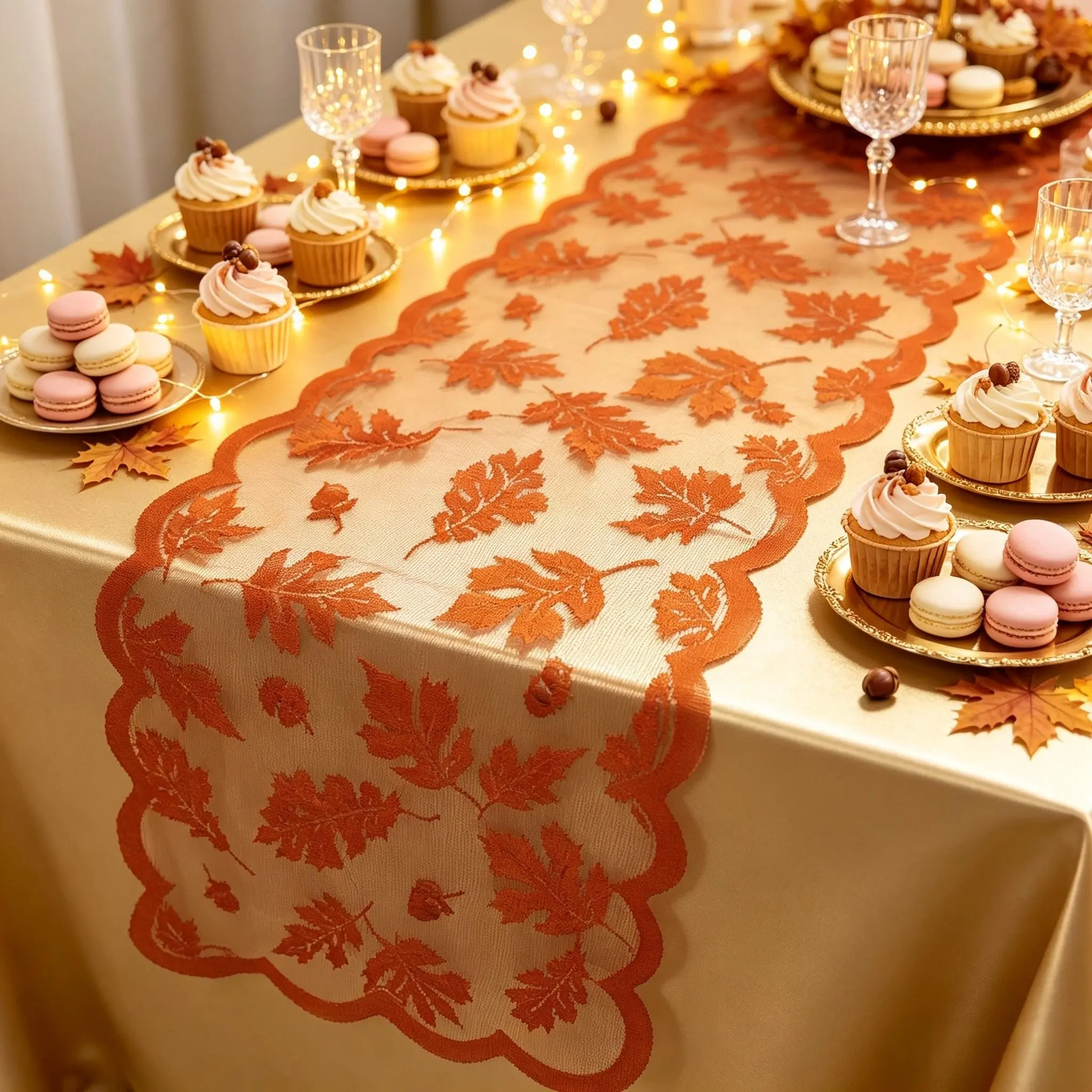 Halloween decorations Fall Maple Leaf Lace Table Runner Fall Home Decor 13 x 72 Inches  Featuring Maple Leaf Patterns and Orange Lace  Suitable for Thanksgiving, Harvest Season  and Indoor Decoration