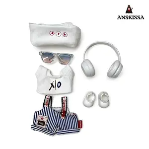 6.69-inch Rag Doll Clothing Set Six Pieces Hat Glasses Sweater Overalls Shoes White Headphones Adorable Doll Accessory Clothes Set with Accessories Kuromi Fashion Doll Outfits and Sweater Doll Set Doll Outfit Set Crochet