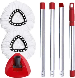 Spin Mop Head, Base, Handle Replacement for EasyWring Microfiber Spin Mops, 2 Microfiber Mop Refills, 1 Triangle Head Cover and 30–58in Handle Set Combo (White, 1 Tank System)