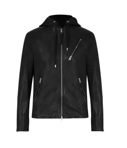 Men's Cowhide Leather Hoodie Jacket Modern Streetwear Style with Front Zip and Zippered Pockets