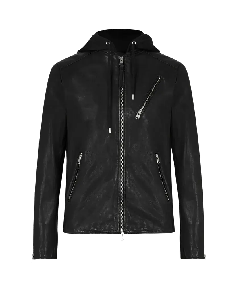 Men's Cowhide Leather Hoodie Jacket Modern Streetwear Style with Front Zip and Zippered Pockets