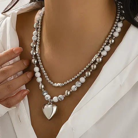 Women's Elegant Layered Design Beaded Necklace - Silver-Tone, Faux Pearl & Howlite Heart Accessory, Double Strand Choker, Adjustable Comfortable Fit, Female Jewelry for Birthday, Daily Wear