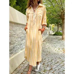 Women's Elegant Striped Shirt Dress with Zipper Pockets - Long A-Line Skirt, Machine Washable, White & Blue Vertical Stripes, Polyester Fabric, Perfect for Spring/Fall, Coastal Outfit |   Zipper Pocket Dress |   Glossy Texture