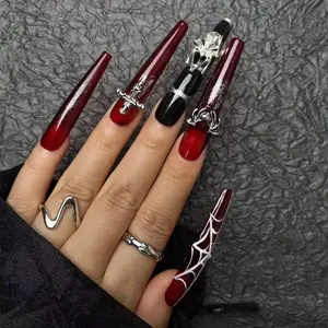 Spider Web Pattern Long Square Fake Nail, 10pcs/set Press on Nails for Women & Girls DIY Nail Art, Elegant Stick on Nails Kit