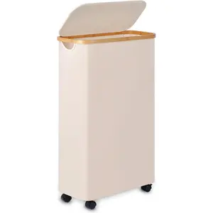 Slim Laundry Basket with Wheels,Hampers for Laundry,Laundry Hamper with Lid&Bamboo Handles,Collapsible & Waterproof Tall Cloth Hamper for Dorm(60L Beige)