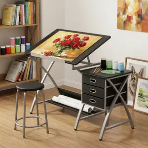 Drafting Desk, Drawing Table for Artists/Adults, Art Desk w/Stool and 3 Slide Drawers, Painting Studio Design Work Station, Adjustable Tabletop, Modern, 50.5 x 24 x 45 Inch