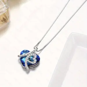 Blue "I Love You Forever" Necklace!  A stunning S925 silver heart pendant with blue crystal. The most romantic gift for anniversary or birthday. #ForeverYours #RomanticGift #BlueCrystalNecklace