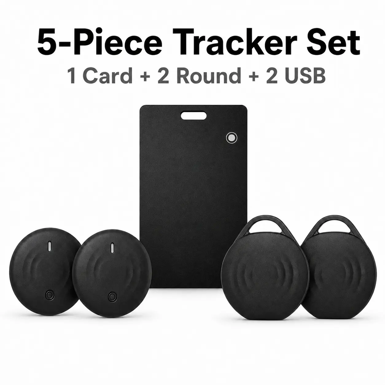 5-Piece Dual-System Item Tracker Set, 1 Slim Card Tracker, 2 Round Trackers and 2 USB-Style Loop Trackers, Black Multi-Item Finder Bundle for Wallet, Keys, Bags and Luggage